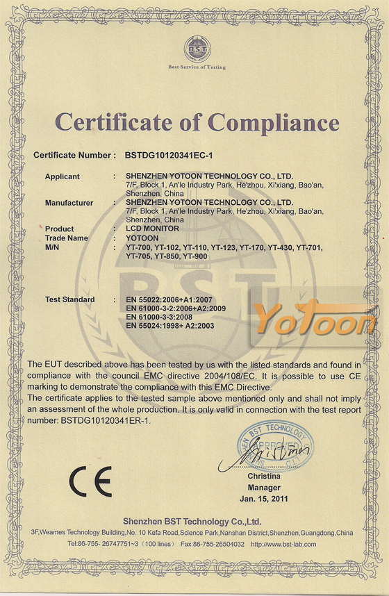 Yotoon Car LCD Monitor CE Certification 